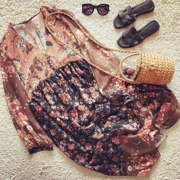 SOLD OUT Bohemian Chiffon Floral Long Sleeve Dress - Picture 7 of 11